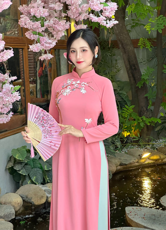 Áo Dài Thêu Hồng Dâu | Pre made ao dai for women | Vietnamese long dress with Pants