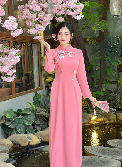Áo Dài Thêu Hồng Dâu | Pre made ao dai for women | Vietnamese long dress with Pants
