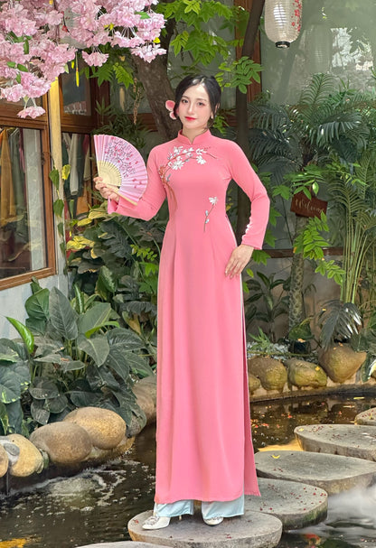 Áo Dài Thêu Hồng Dâu | Pre made ao dai for women | Vietnamese long dress with Pants