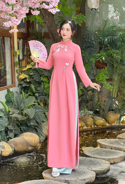 Áo Dài Thêu Hồng Dâu | Pre made ao dai for women | Vietnamese long dress with Pants
