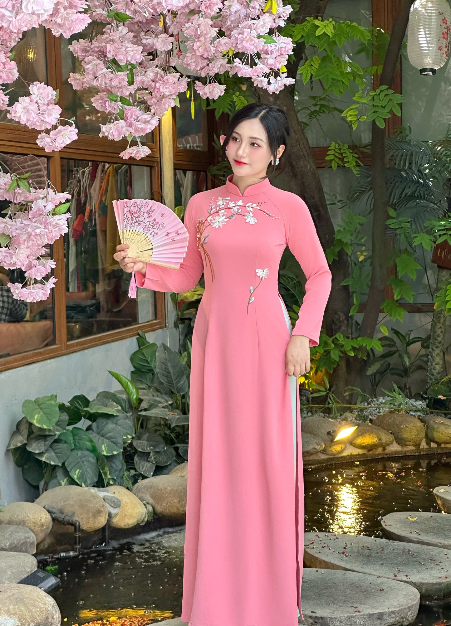 Áo Dài Thêu Hồng Dâu | Pre made ao dai for women | Vietnamese long dress with Pants