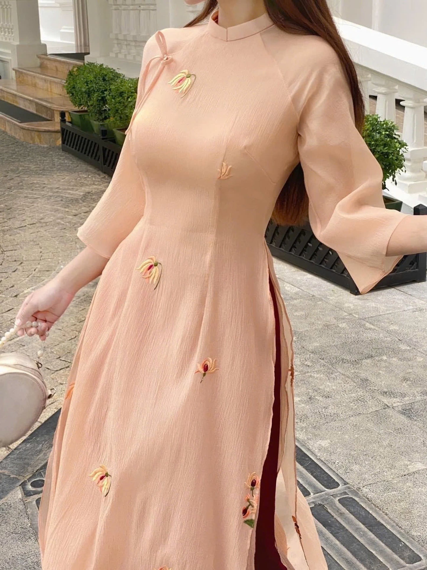 Peach Floral Embroidered  Modern Ao Dai - Áo Dài Tơ Voan