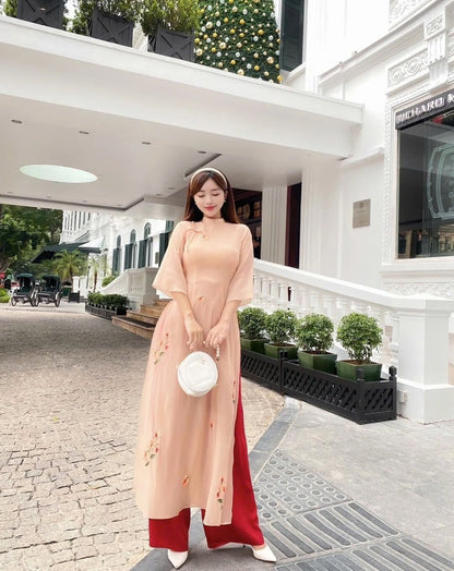 Peach Floral Embroidered  Modern Ao Dai - Áo Dài Tơ Voan