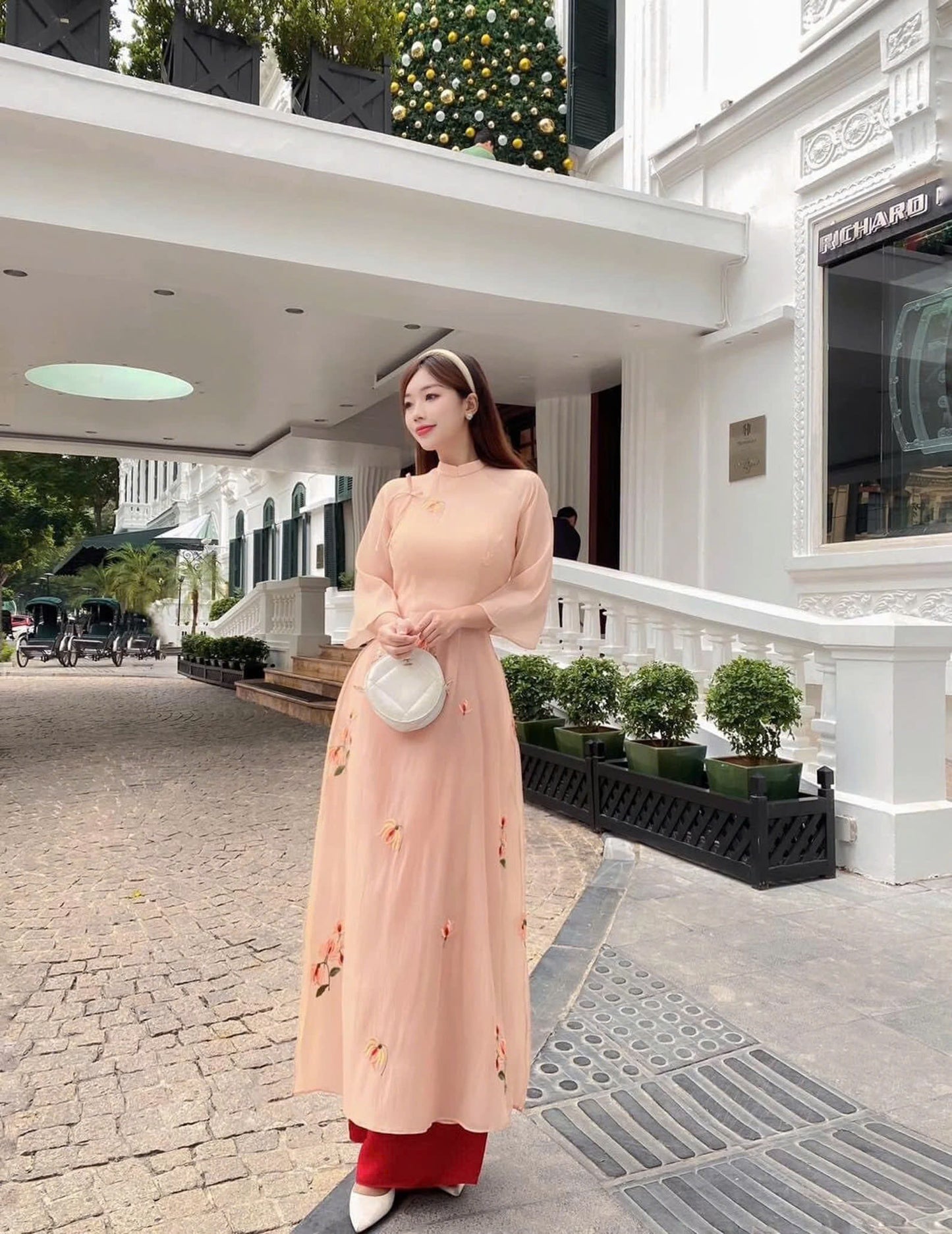 Peach Floral Embroidered  Modern Ao Dai - Áo Dài Tơ Voan