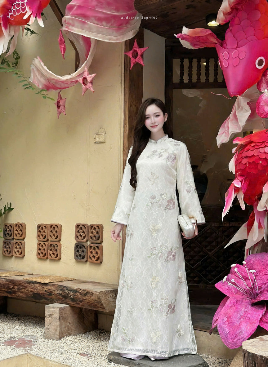 AN White organza silk ao dai | Modern Vietnamese Ao Dai | No pants