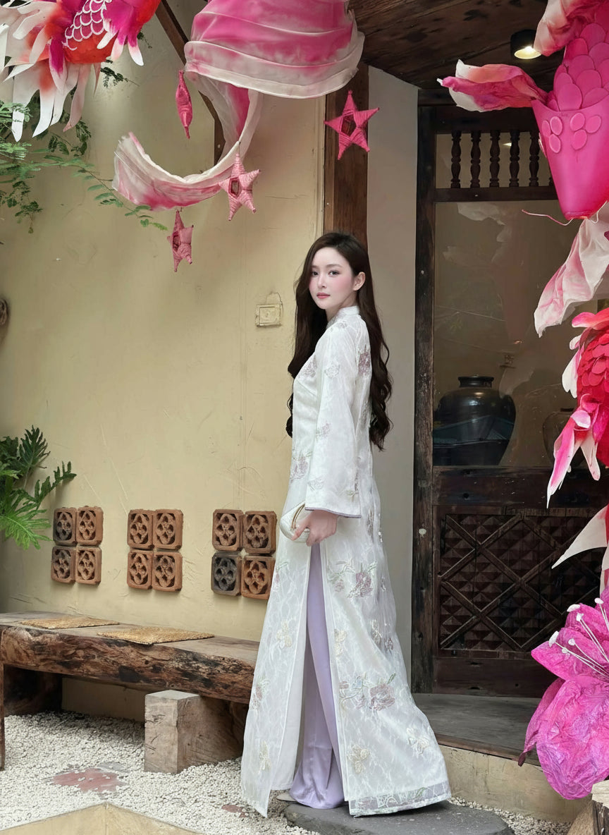 AN White organza silk ao dai | Modern Vietnamese Ao Dai | No pants