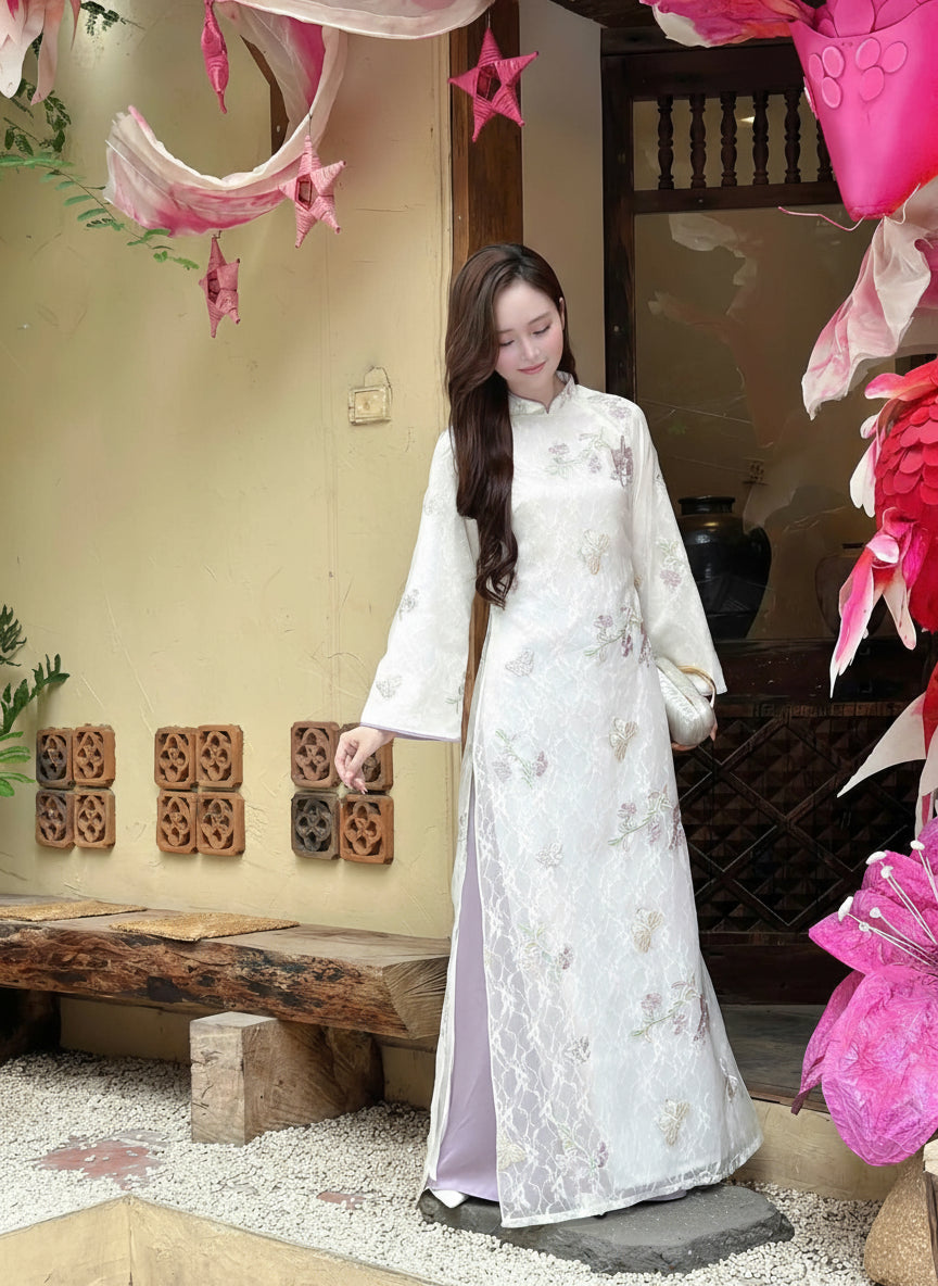 AN White organza silk ao dai | Modern Vietnamese Ao Dai | No pants