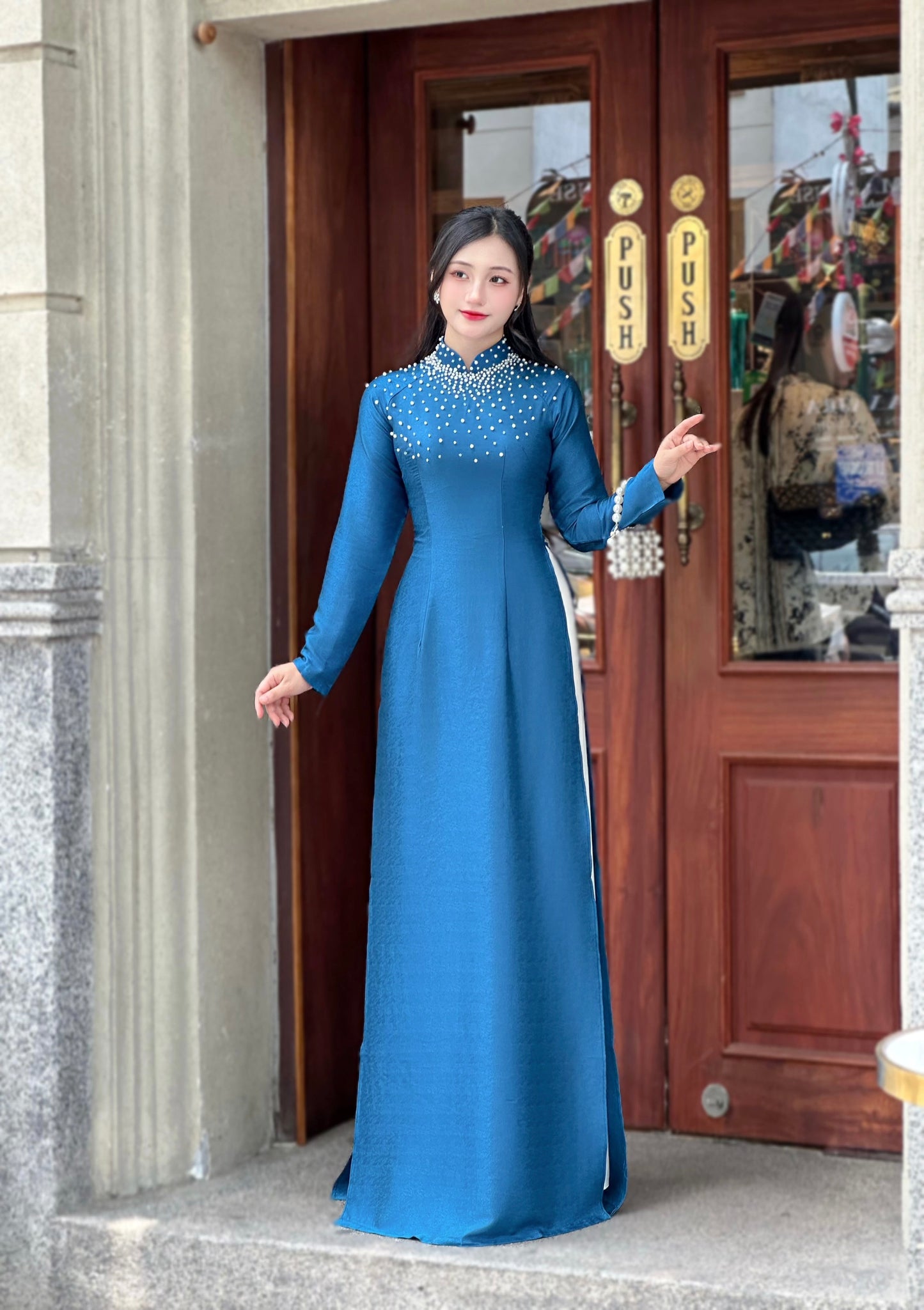 Blue Ao Dai With Crystal Beaded Design | Vietnamese Traditional Ao Dai | NO Pants