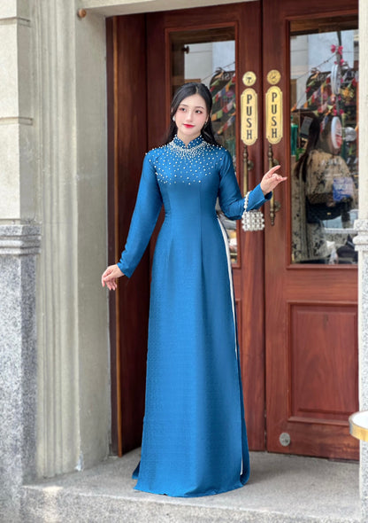 Blue Ao Dai With Crystal Beaded Design | Vietnamese Traditional Ao Dai | NO Pants