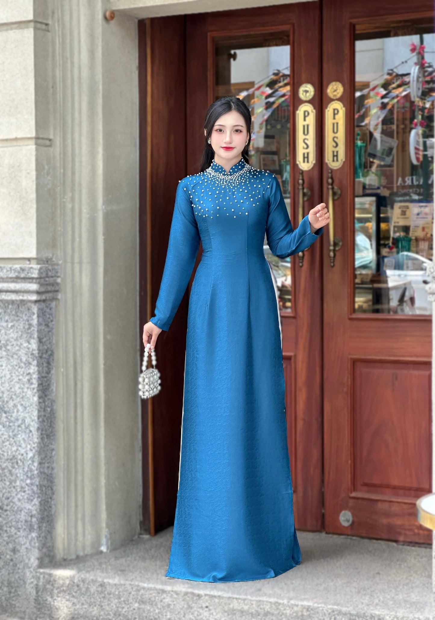 Blue Ao Dai With Crystal Beaded Design | Vietnamese Traditional Ao Dai | NO Pants