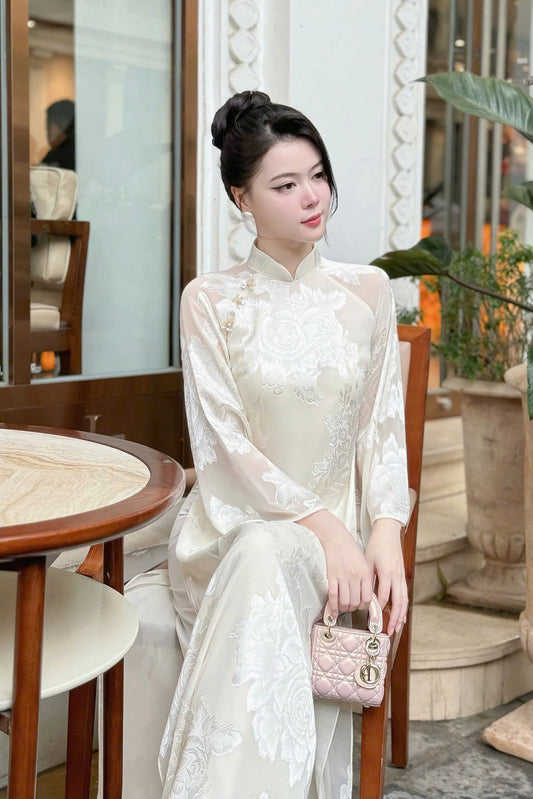 HAI VI Cream Roses pattern Ao Dai With Pants | Vietnamese Dress For Women