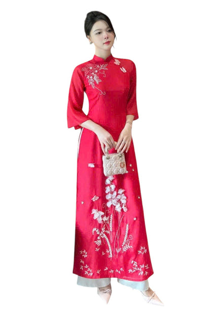 Pre-made NHA VIEN Red Vietnamese Ao Dai | Áo Dài Truyền Thống | Women Ao Dai