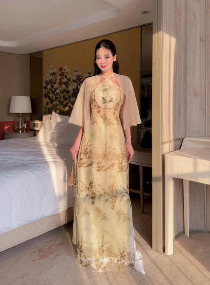Elegant Beige Vietnamese Ao Dai | Sheer Sleeves & Floral Embroidery – Tet, Wedding, Lunar New Year