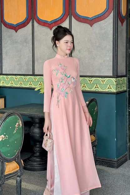 Pink Sparrows Embroidery Ao Dai For Women | Traditional Ao Dai Vietnam