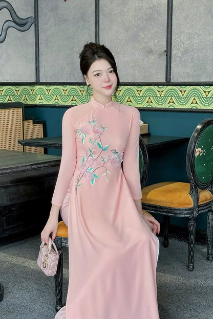 Pink Sparrows Embroidery Ao Dai For Women | Traditional Ao Dai Vietnam