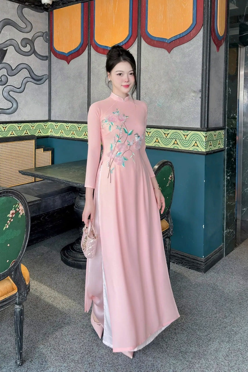 Pink Sparrows Embroidery Ao Dai For Women | Traditional Ao Dai Vietnam