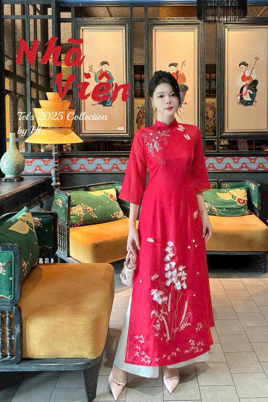 Pre-made NHA VIEN Red Vietnamese Ao Dai | Áo Dài Truyền Thống | Women Ao Dai