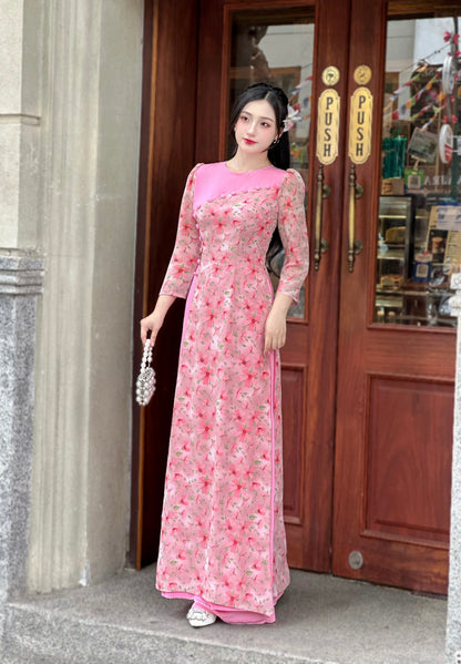 Pinky Tơ Voan Ao Dai With Puffy Sleeves | Vietnamese Traditional Ao Dai
