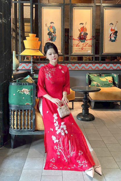 Pre-made NHA VIEN Red Vietnamese Ao Dai | Áo Dài Truyền Thống | Women Ao Dai