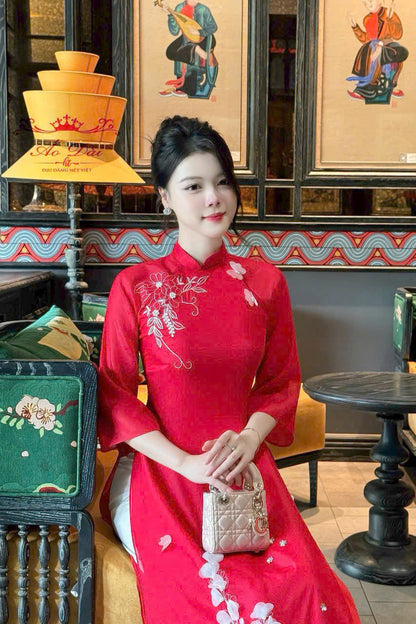 Pre-made NHA VIEN Red Vietnamese Ao Dai | Áo Dài Truyền Thống | Women Ao Dai