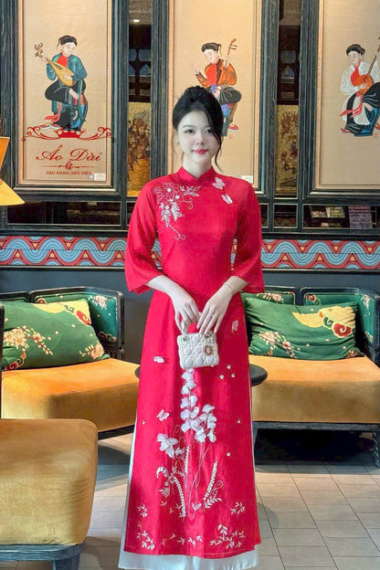 Pre-made NHA VIEN Red Vietnamese Ao Dai | Áo Dài Truyền Thống | Women Ao Dai