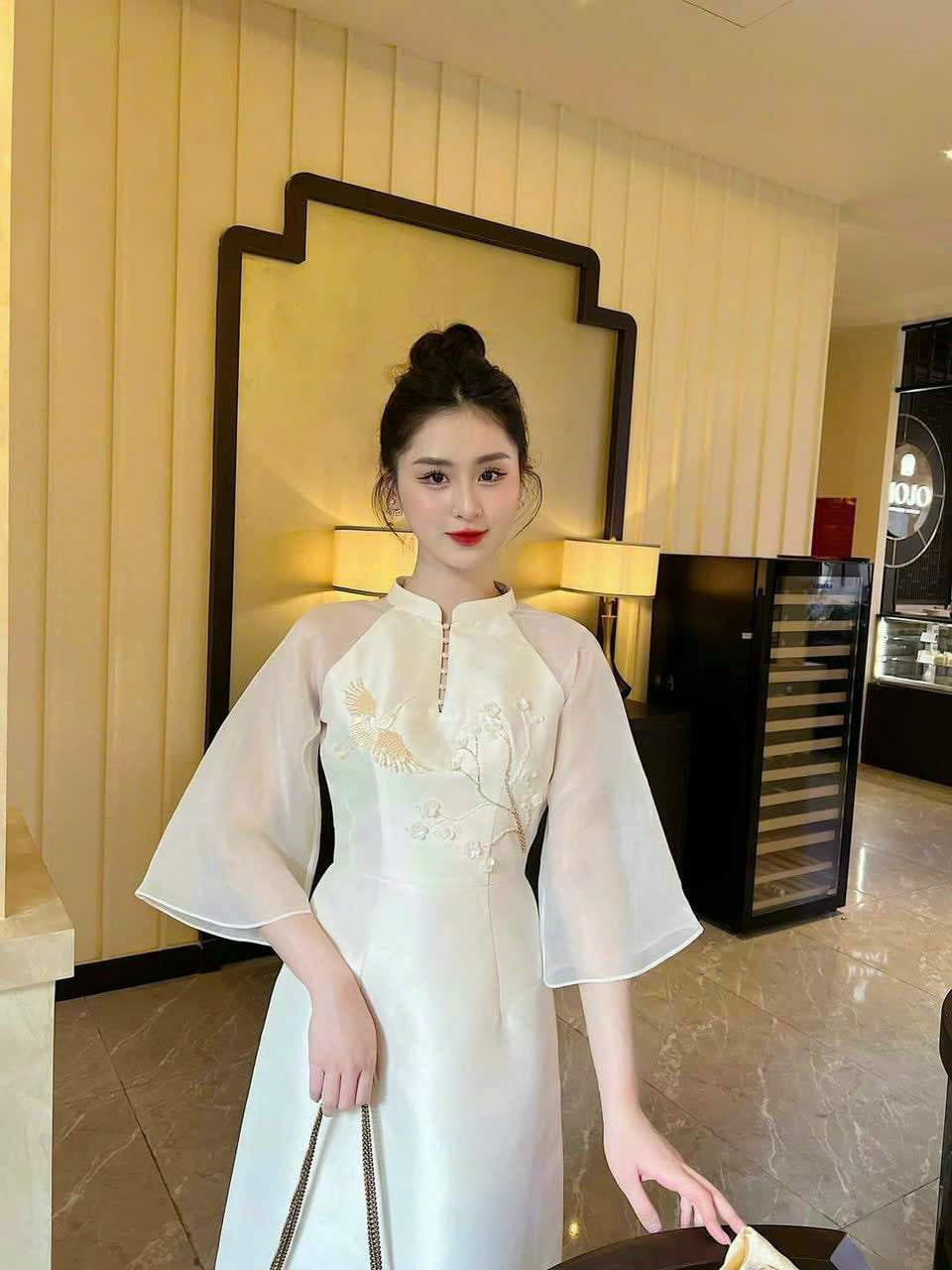 Birds Beaded White Ao Dai | Modern Ao Dai Set