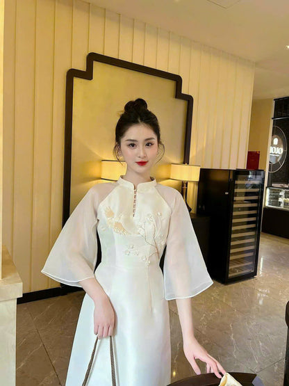 Birds Beaded White Ao Dai | Modern Ao Dai Set