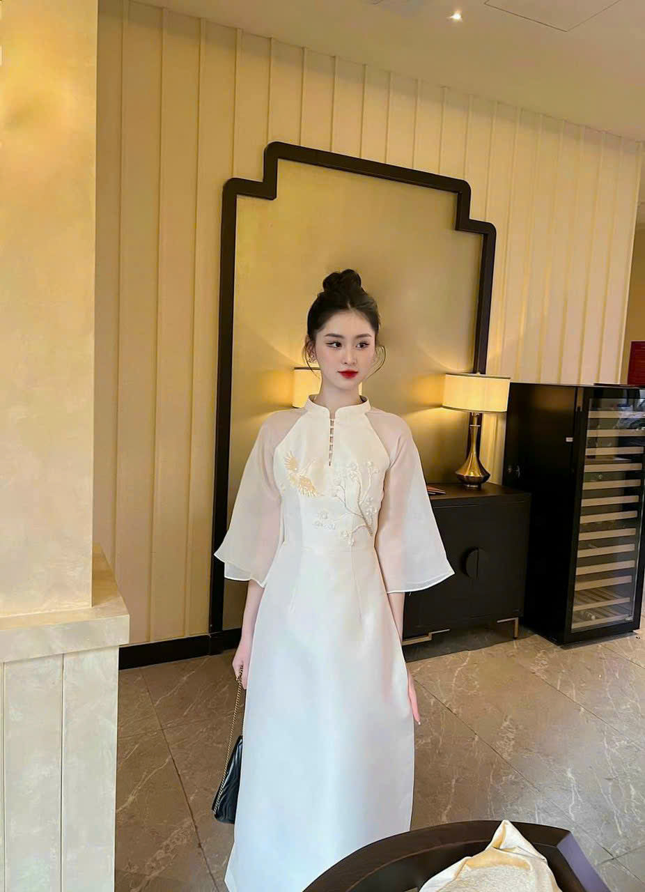 Birds Beaded White Ao Dai | Modern Ao Dai Set