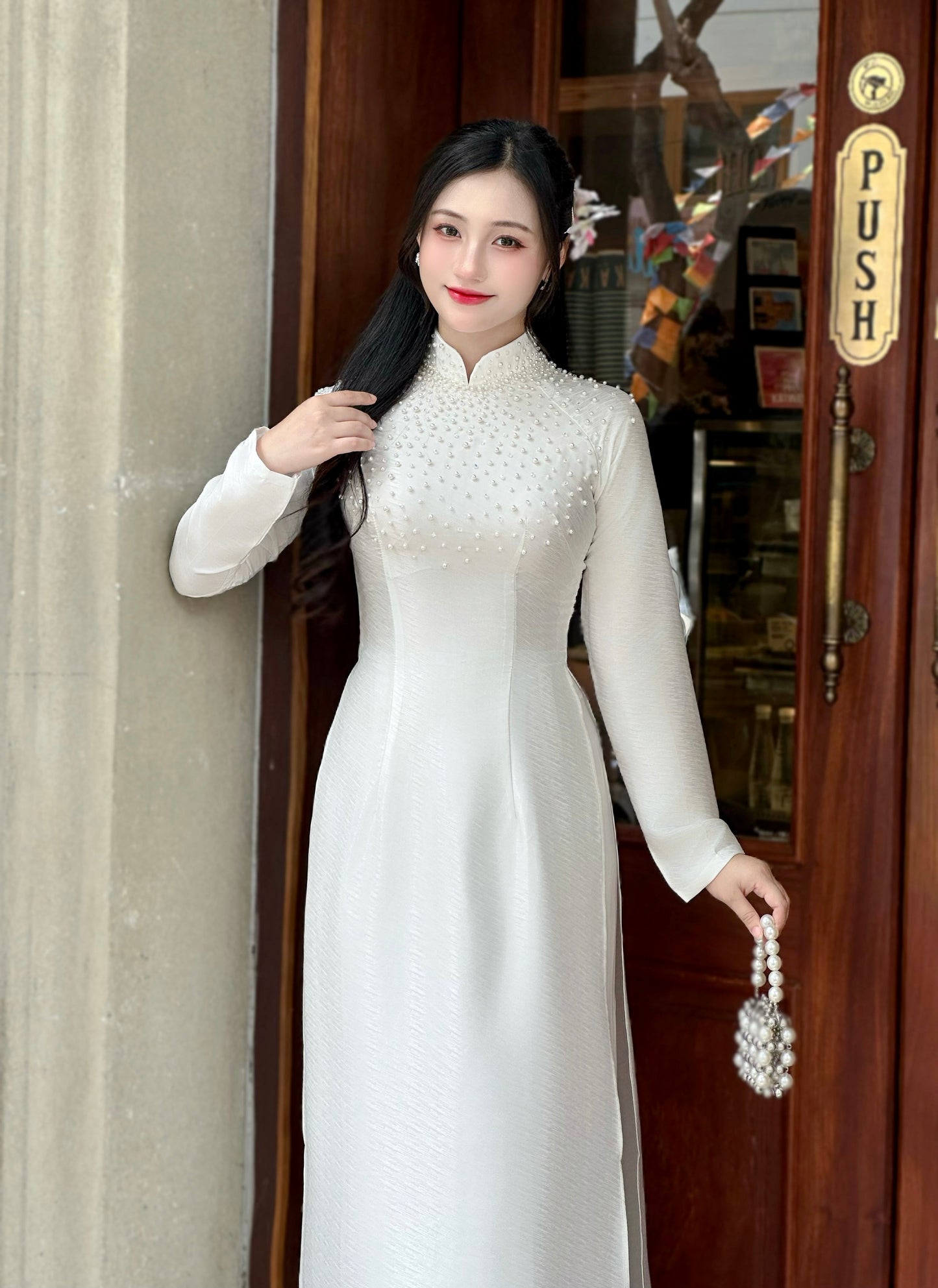 White Ao dai with simple crystals rhinestones | Vietnamese Traditional Ao Dai | NO Pants