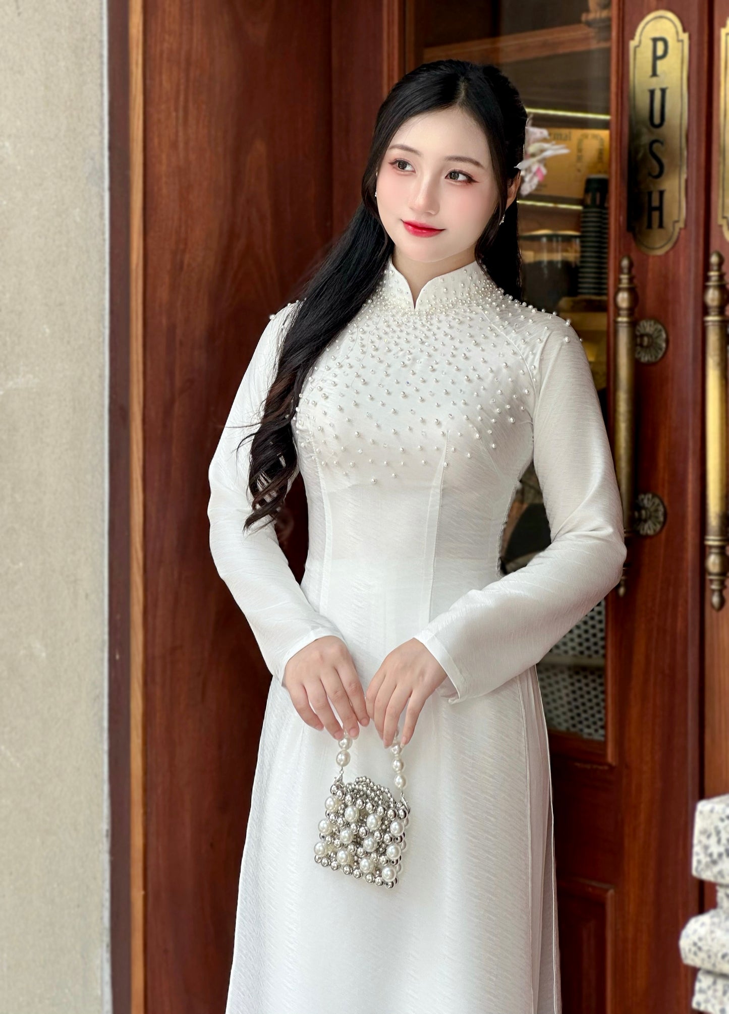 White Ao dai with simple crystals rhinestones | Vietnamese Traditional Ao Dai | NO Pants