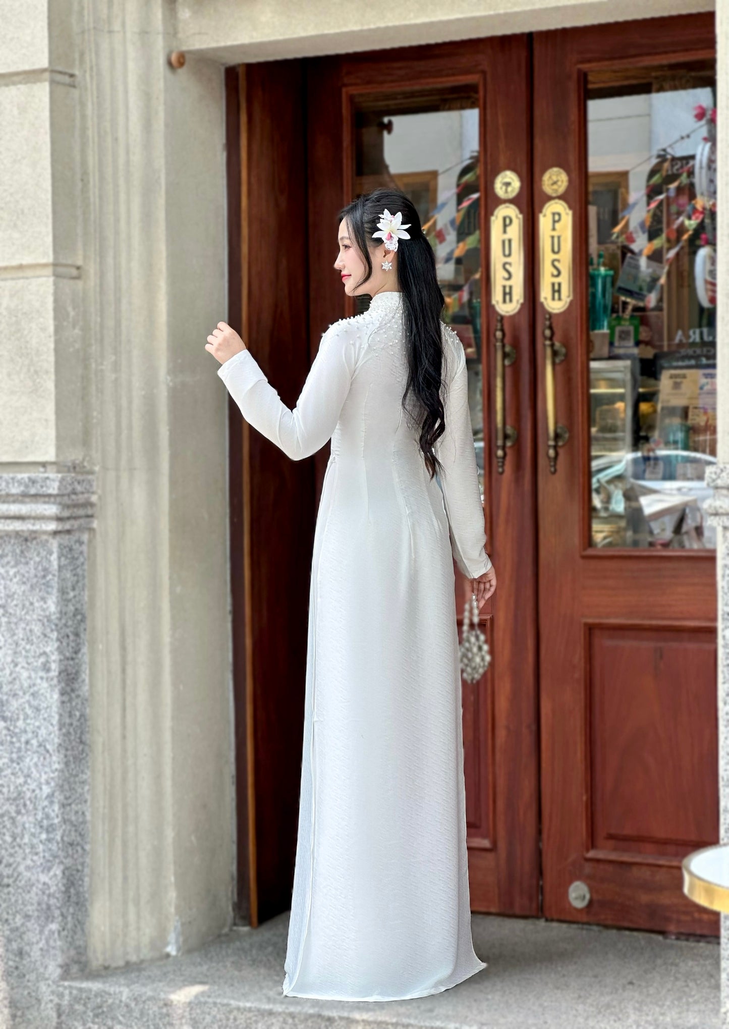 White Ao dai with simple crystals rhinestones | Vietnamese Traditional Ao Dai | NO Pants