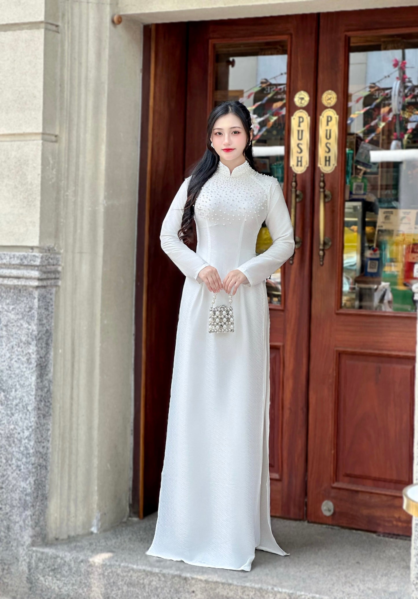 White Ao dai with simple crystals rhinestones | Vietnamese Traditional Ao Dai | NO Pants