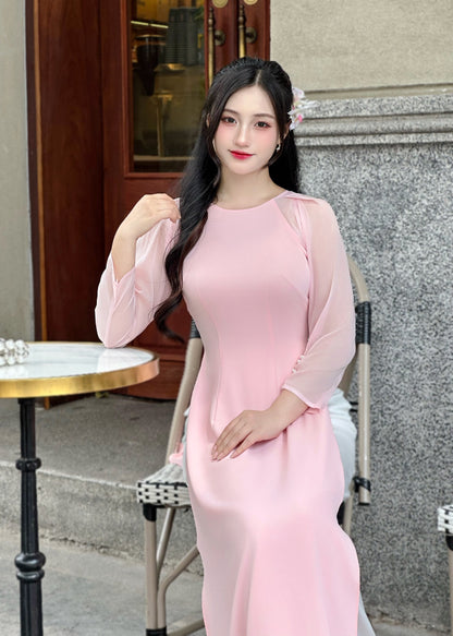 Blush Pink Ao dai with Pearls Sleeves | Vietnamese Traditional Ao Dai | NO Pants
