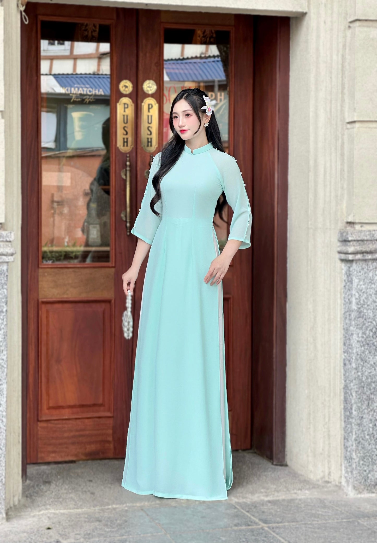 Pastel Blue Ao Dai With Split Sleeve Design | Vietnamese Traditional Ao Dai