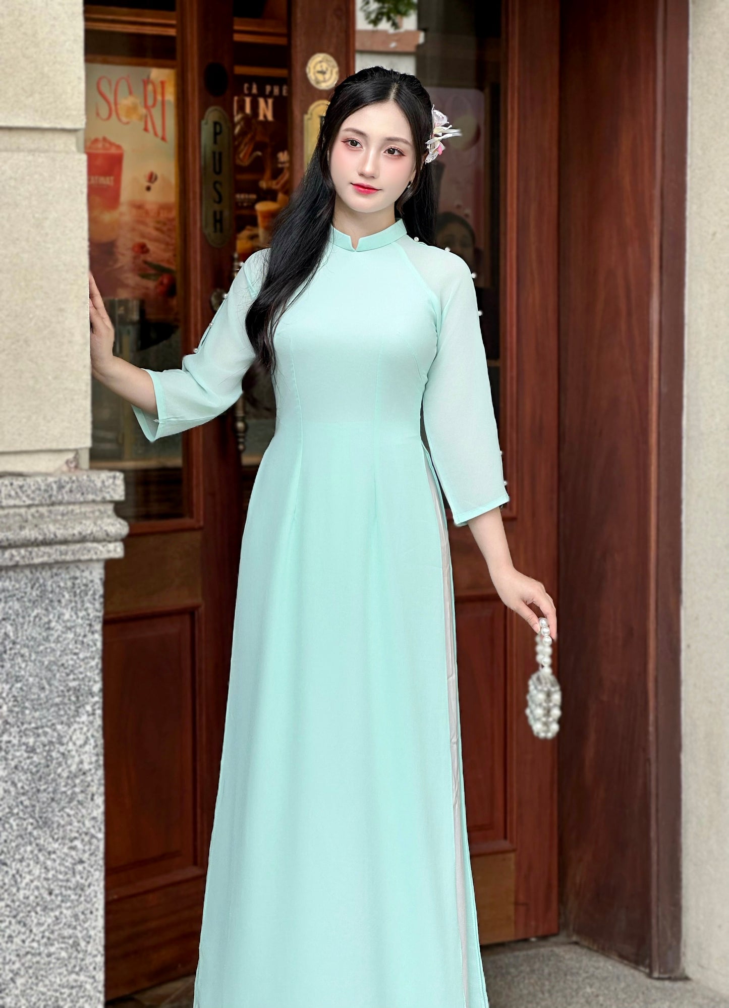 Pastel Blue Ao Dai With Split Sleeve Design | Vietnamese Traditional Ao Dai