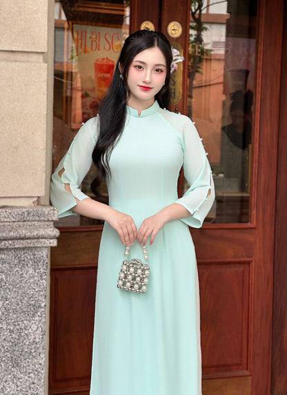 Pastel Blue Ao Dai With Split Sleeve Design | Vietnamese Traditional Ao Dai
