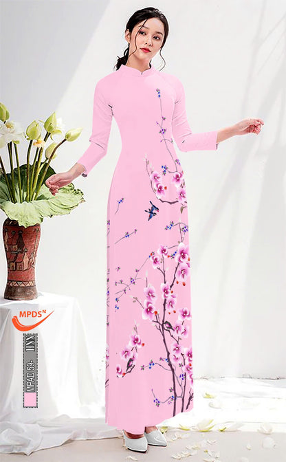 3D Floral Printed Ao Dai Set - Vietnamese Ao Dai For Women