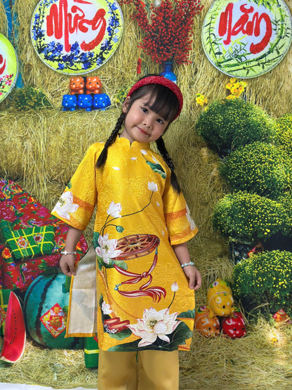 Yellow Printed Gam Girl's Ao Dai Set - Ao Dai For Daughter