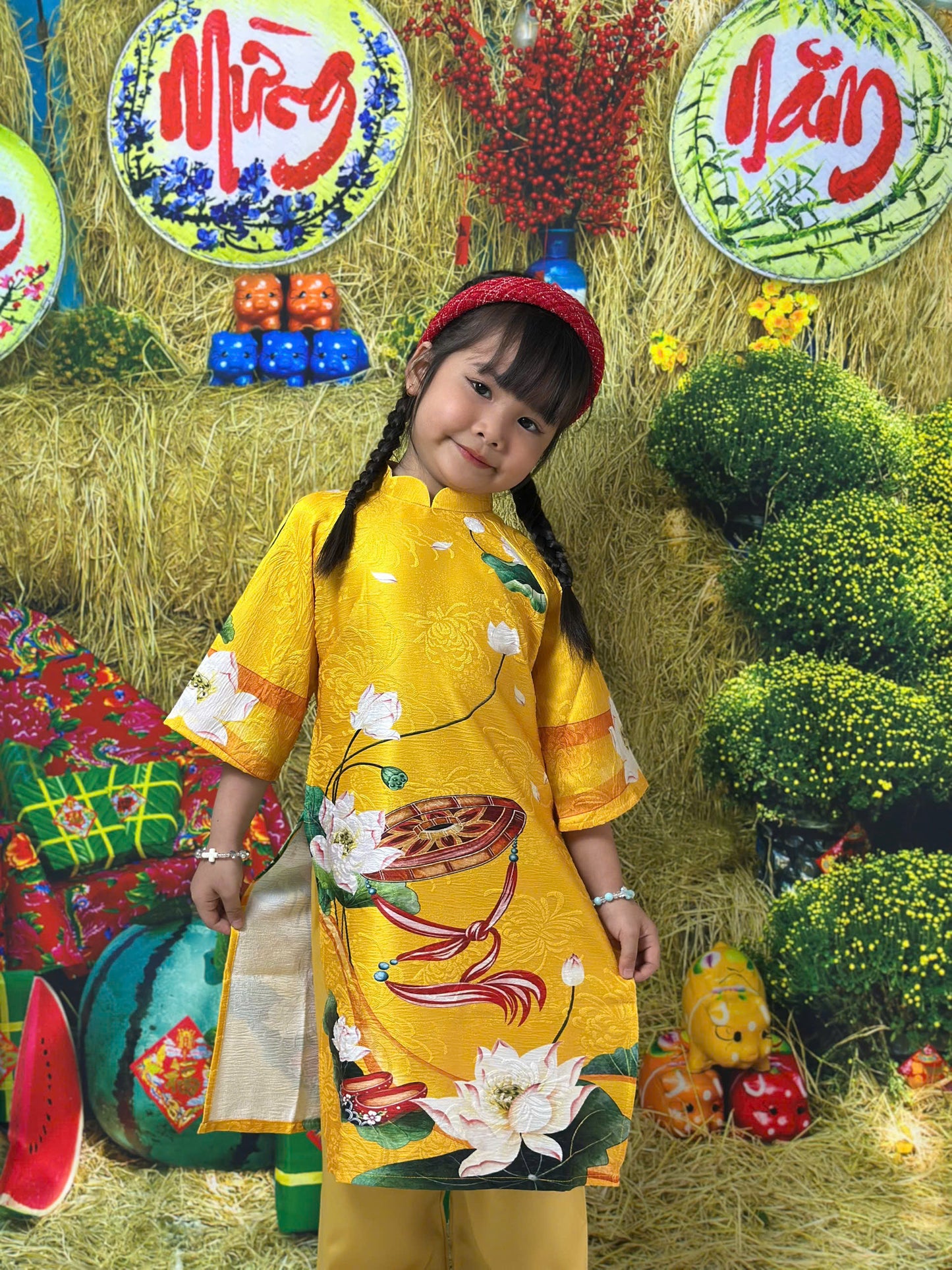 Yellow Printed Gam Girl's Ao Dai Set - Ao Dai For Daughter