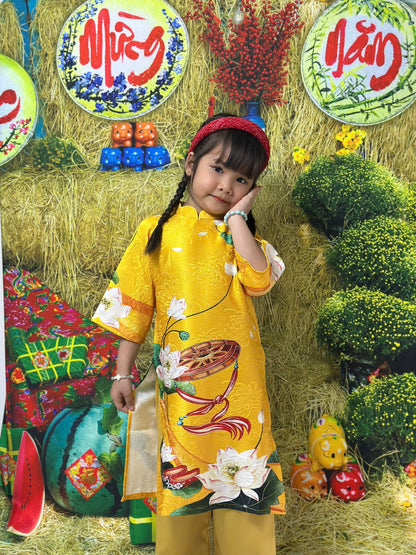 Yellow Printed Gam Girl's Ao Dai Set - Ao Dai For Daughter