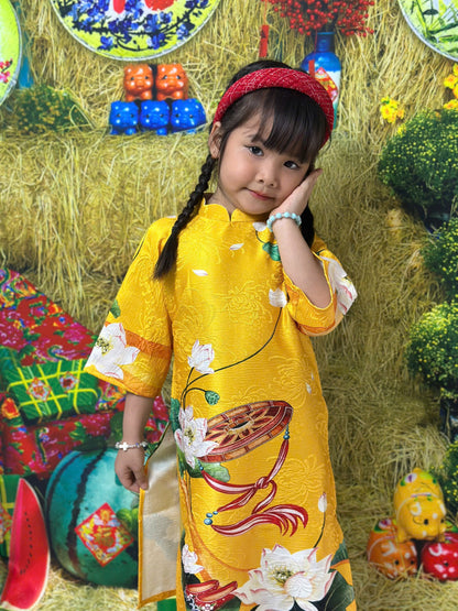 Yellow Printed Gam Girl's Ao Dai Set - Ao Dai For Daughter