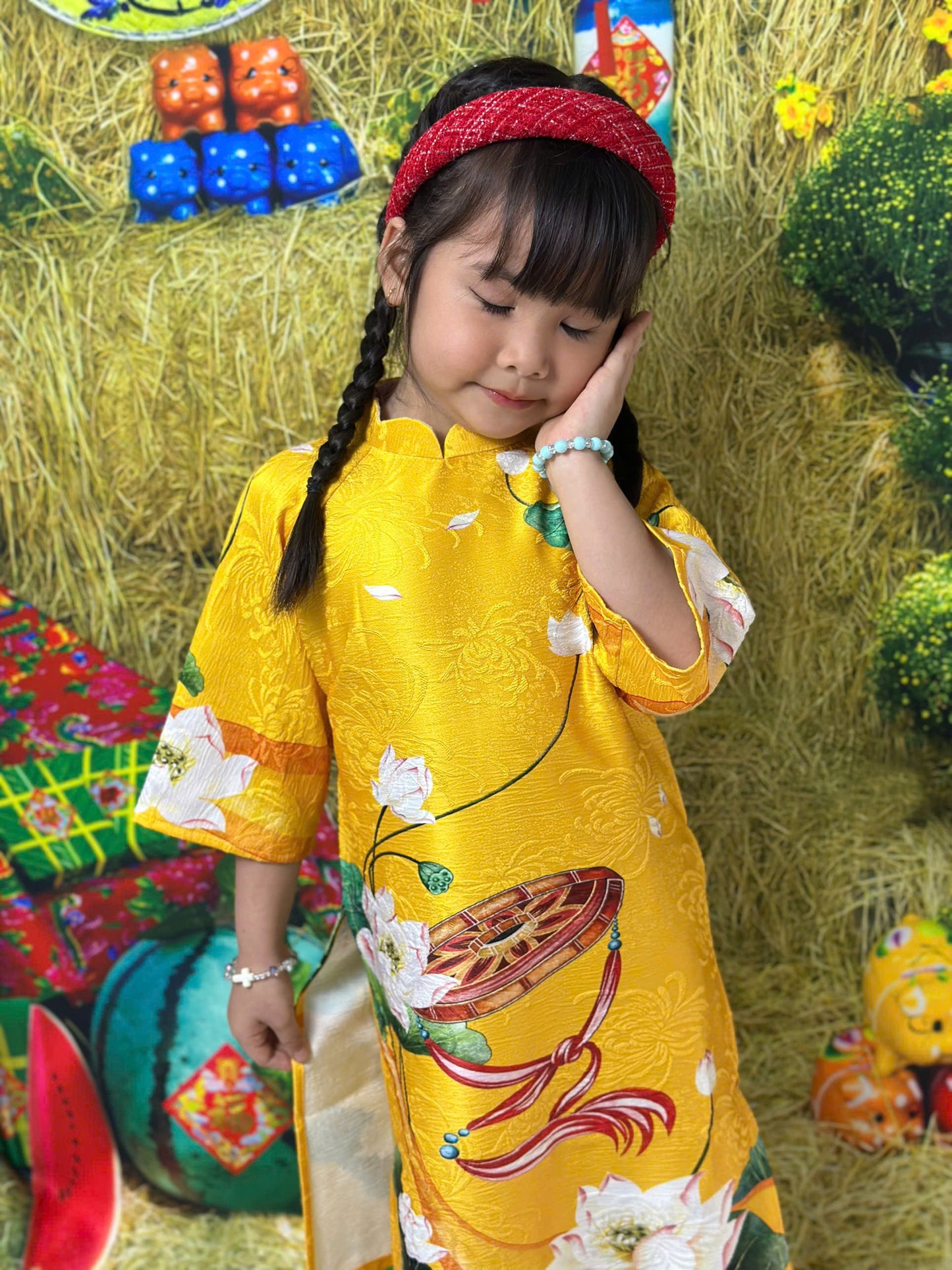 Yellow Printed Gam Girl's Ao Dai Set - Ao Dai For Daughter