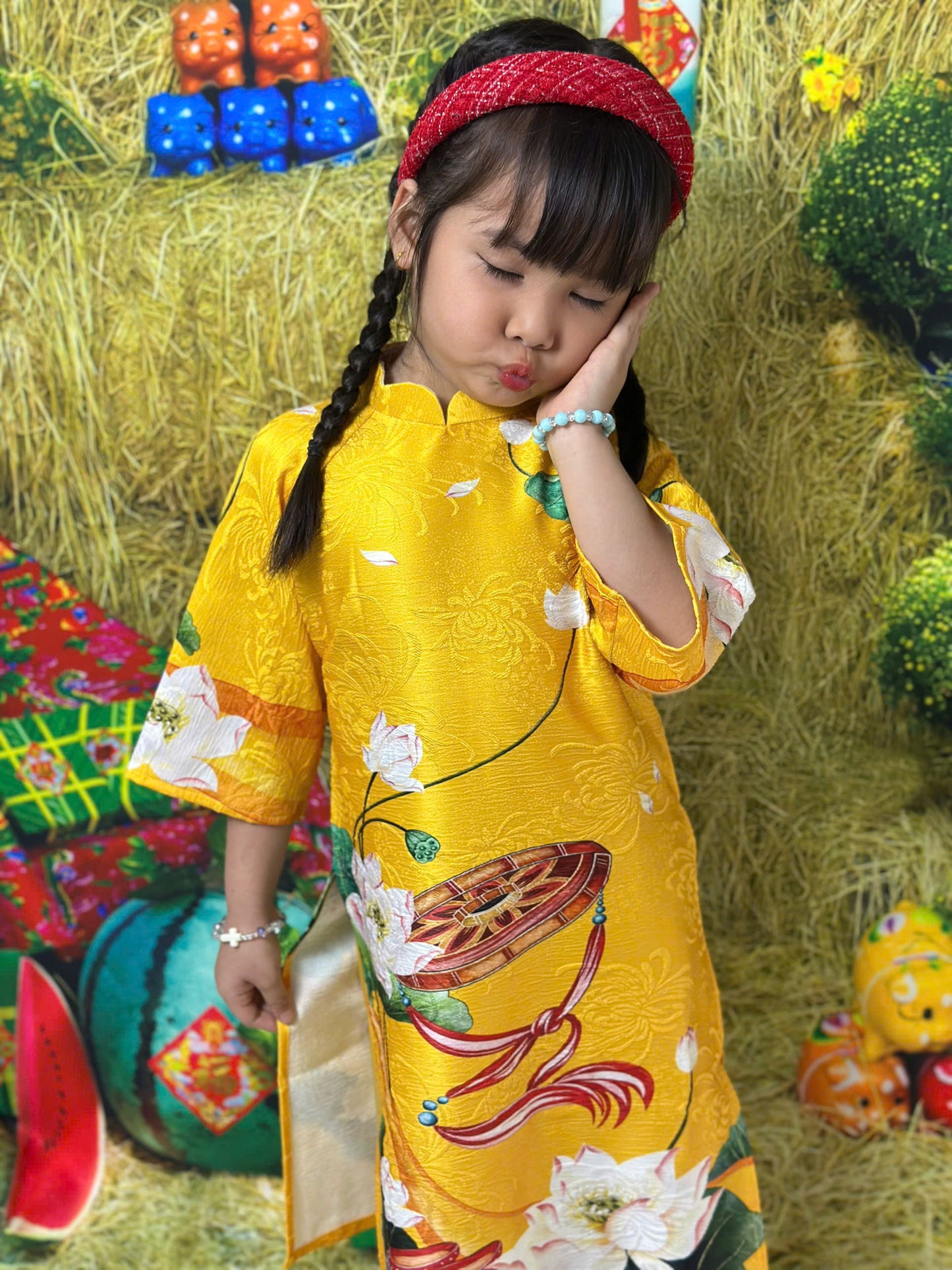 Yellow Printed Gam Girl's Ao Dai Set - Ao Dai For Daughter