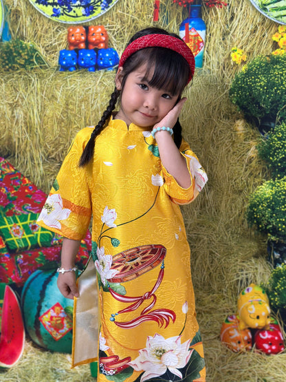 Yellow Printed Gam Girl's Ao Dai Set - Ao Dai For Daughter