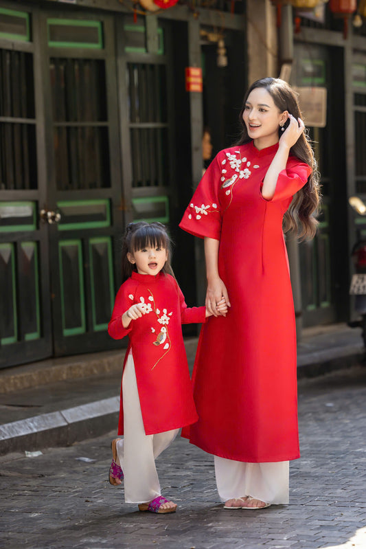 Red Ribbon Xuan Ao Dai- Matching Mother Daughter Ao Dai