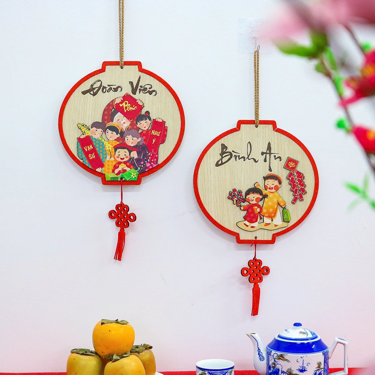 Set 2pcs Tết Decoration | Vietnamese Decorative Wood Board Decor | Vietnamese Quotes Hanging Board