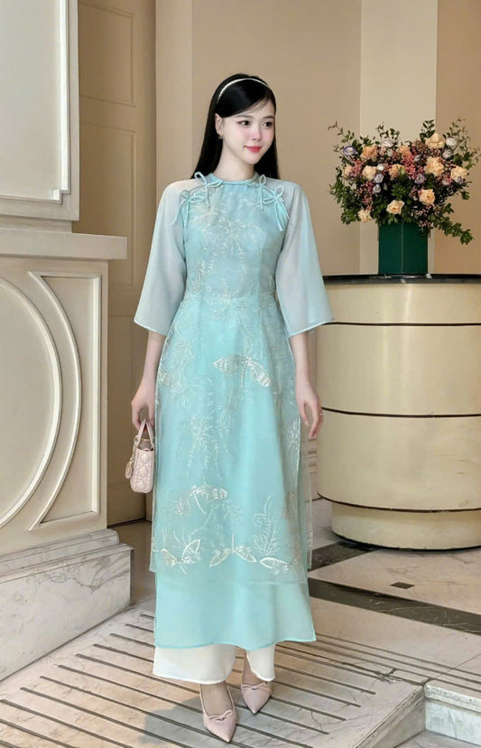 Blue Double Layers Chiffon Silk - Dragonfly Embroidery Modern Ao Dai Set