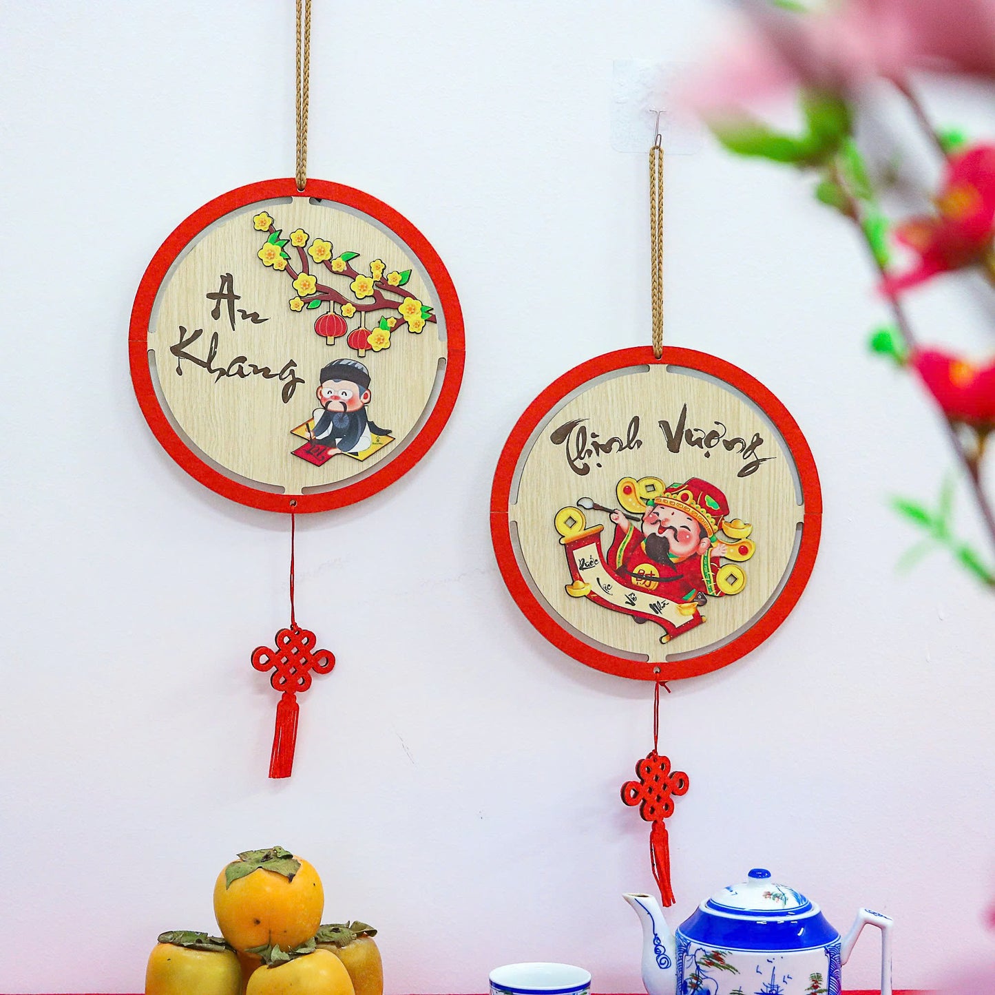 Set 2pcs Tết Decoration | Vietnamese Decorative Wood Board Decor | Vietnamese Quotes Hanging Board