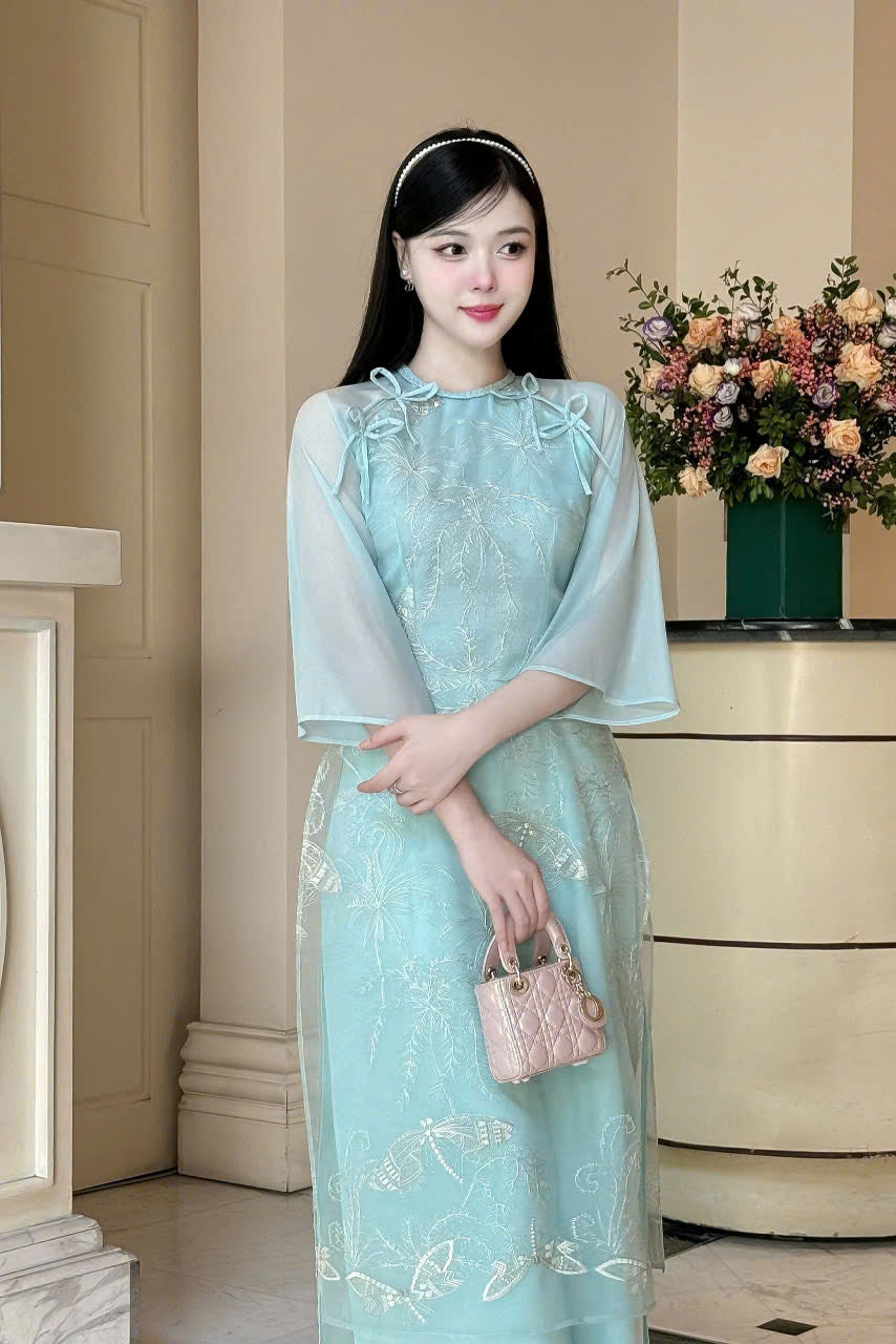Blue Double Layers Chiffon Silk - Dragonfly Embroidery Modern Ao Dai Set