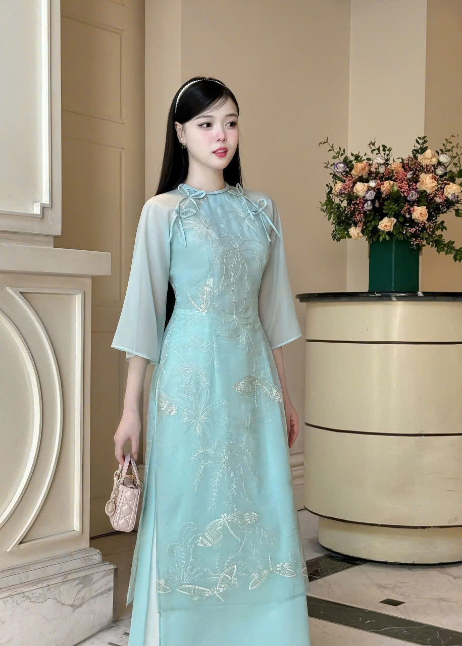 Blue Double Layers Chiffon Silk - Dragonfly Embroidery Modern Ao Dai Set